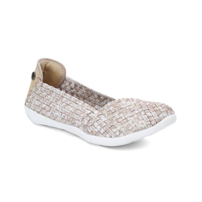 Beige woven elastic ballerina flat with grey outsole.