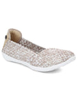 Beige woven elastic ballerina flat with grey outsole.
