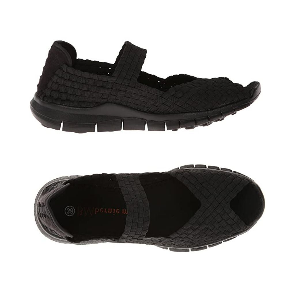 Side view of the black Comfi Sandal by Bernie Mev shows thick tread, over the foot strap, and woven fabric upper and the top view shows black footbed and peep toe