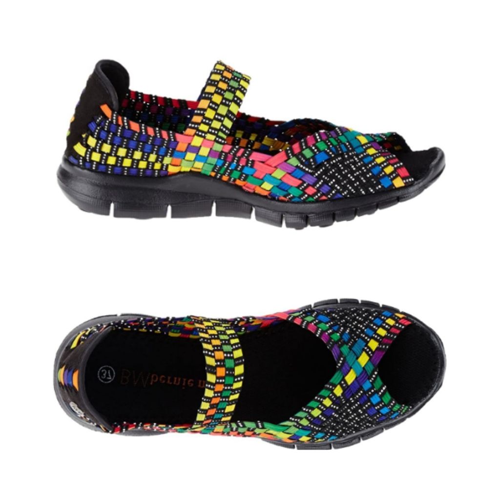 Side view of the rainbow colour Comfi Sandal by Bernie Mev shows thick tread, over the foot strap, and woven fabric upper and the top view shows black footbed and peep toe