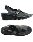 Top and side view of the Lihi Brighten by Bernie Mev showing the  black woven uppers that are open toe and heel with criss crossing straps and a thick black slight wedge heel with black foot bed