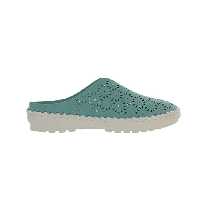 Mint coloured mule with laser cut outs and studs. These Bernie Mev shoes have a white outsole.