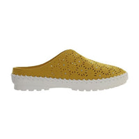 Yellow coloured mule with laser cut outs and studs. These Bernie Mev shoes have a white outsole.
