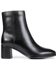 Black leather ankle boot with leather block heel.
