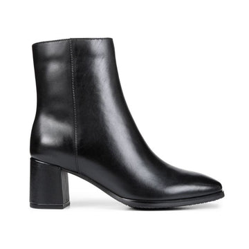 Black leather ankle boot with leather block heel.