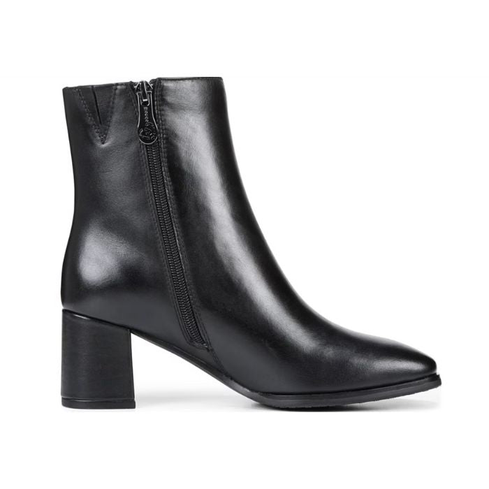 Black leather ankle boot with leather block heel and inside zipper closure.