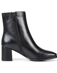 Black leather ankle boot with leather block heel and inside zipper closure.