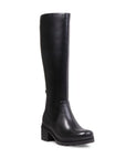 Tall black leather boot with lugged outsole and chunky heel.