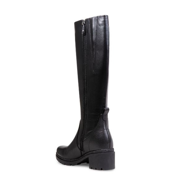 Tall black leather boot with inside zipper closure, chunky heel and platform.