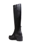 Tall black leather boot with inside zipper closure, chunky heel and platform.