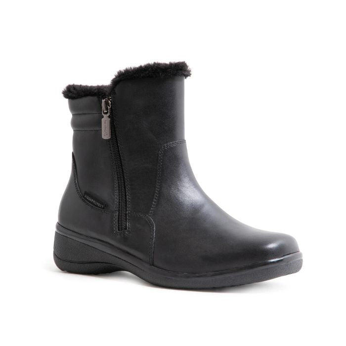 Black mid-calf winter boot with outside zipper and faux fur collar.