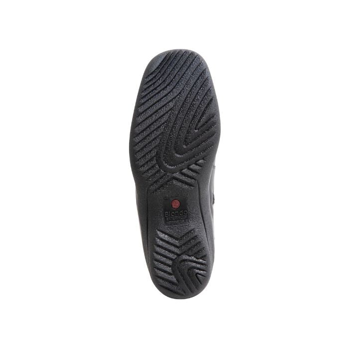 Black outsole of the Stevie boot showing its grip. Blodon logo in centre.
