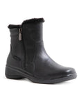 Black mid-calf winter boot with outside zipper and faux fur collar.