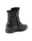 Black mid-calf winter boot with inside zipper and faux fur collar.