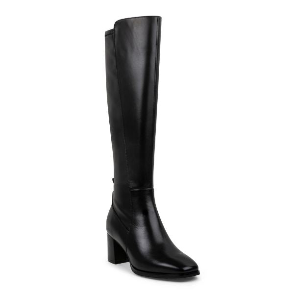 Tall leather boot with square toe and block heel.