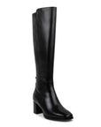 Tall leather boot with square toe and block heel.