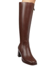 Tall brown leather ankle boot with a stacked block heel.