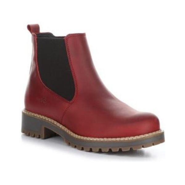 Red leather Chelsea boot with brown elastic goring and brown outsole.
