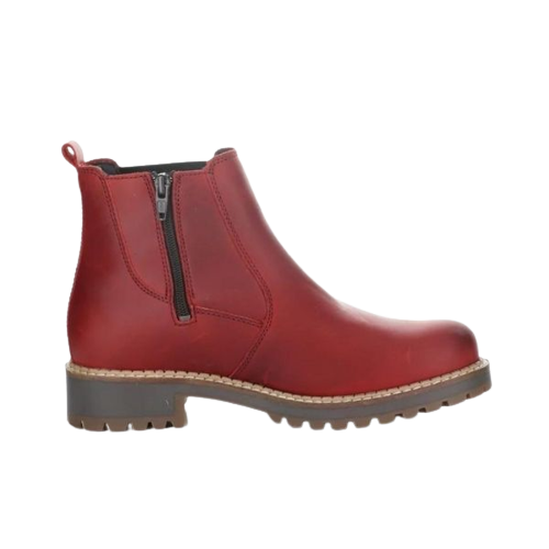 Inside view of red leather Chelsea boot with inside zipper and brown outsole.