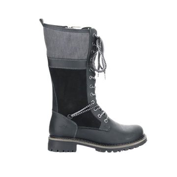 Mid-height black leather and suede boots with lace closure and grey textured cuff.