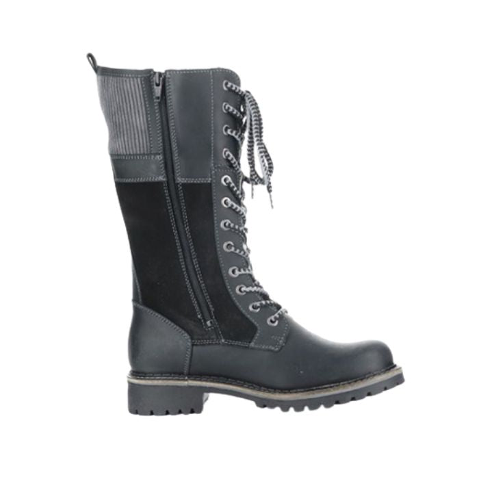 Mid-height black leather and suede boots with lace and zipper closure and grey textured cuff.