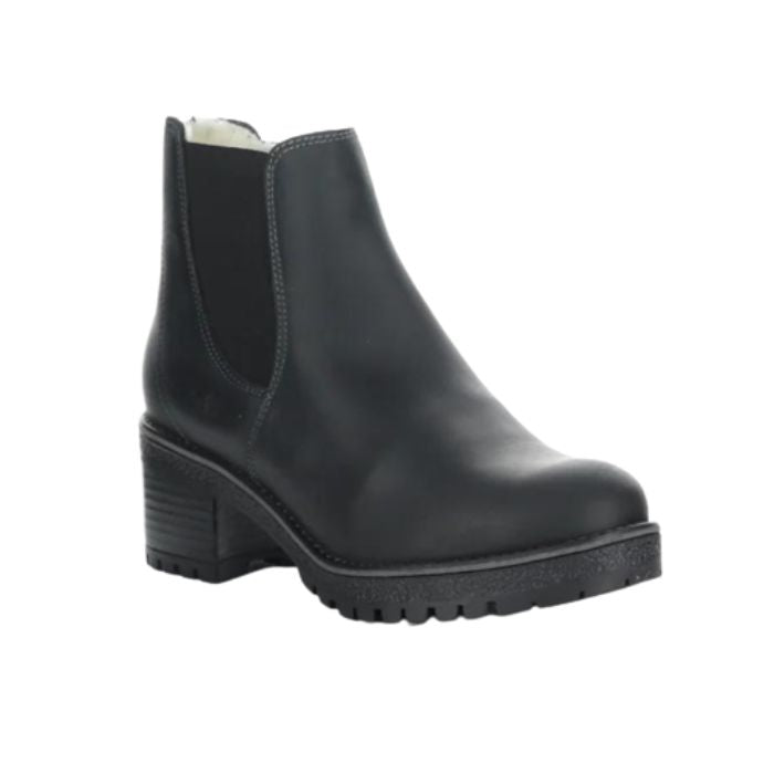 Black leather Chelsea boot with stacked block heel.
