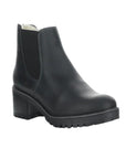 Black leather Chelsea boot with stacked block heel.