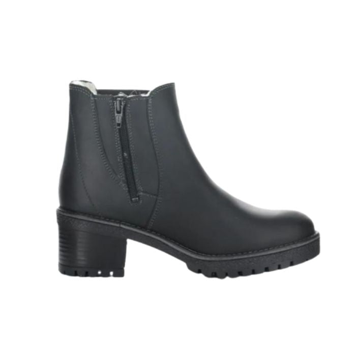 Black leather Chelsea boot with stacked block heel. Boot has inside zipper closure.