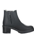 Black leather Chelsea boot with stacked block heel. Boot has inside zipper closure.