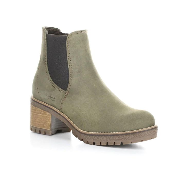 Sage green nubuck leather Chelsea boot with stacked block heel.