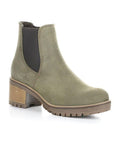 Sage green nubuck leather Chelsea boot with stacked block heel.