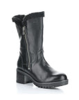 Black leather mid-height boot with outside silver zipper closure, block heel and black faux fur collar.