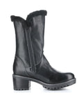 Black leather mid-height boot with inside zipper closure, block heel and black faux fur collar.