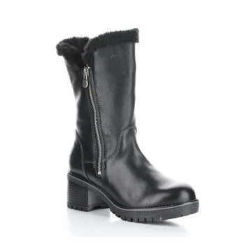 Black leather mid-height boot with outside silver zipper closure, block heel and black faux fur collar.