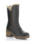 Brown leather mid-height boot with outside zipper closure, block heel and tan faux fur collar.