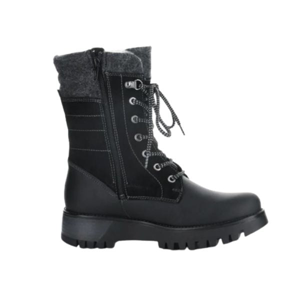 Black leather lace up boot with navy felt collar, inside zipper and thick lugged outsole.
