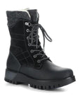 Black leather lace up boot with grey felt collar and thick lugged outsole.