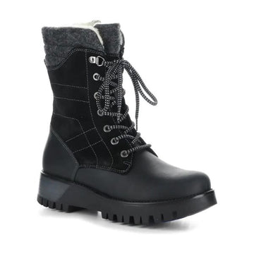 Black leather lace up boot with grey felt collar and thick lugged outsole.