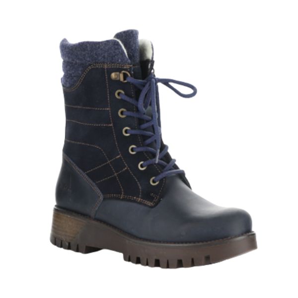 Navy leather lace up boot with navy felt collar and thick brown lugged outsole.