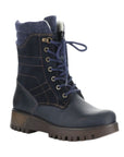 Navy leather lace up boot with navy felt collar and thick brown lugged outsole.