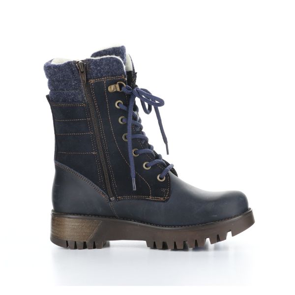 Navy leather lace up boot with navy felt collar, inside zipper and thick brown lugged outsole.