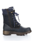 Navy leather lace up boot with navy felt collar, inside zipper and thick brown lugged outsole.