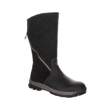 Black suede and grey felt mid-height winter boot with diagonal zipper.