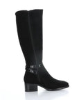 Tall black suede leather boot with inside zipper closure. Boot has block heel.