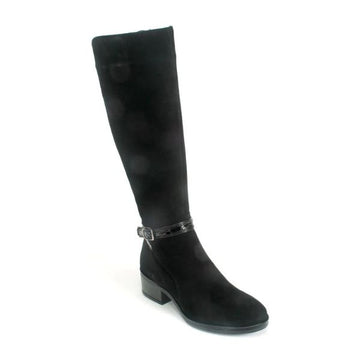 Tall black suede leather boot with buckle strap across ankle. Boot has block heel.