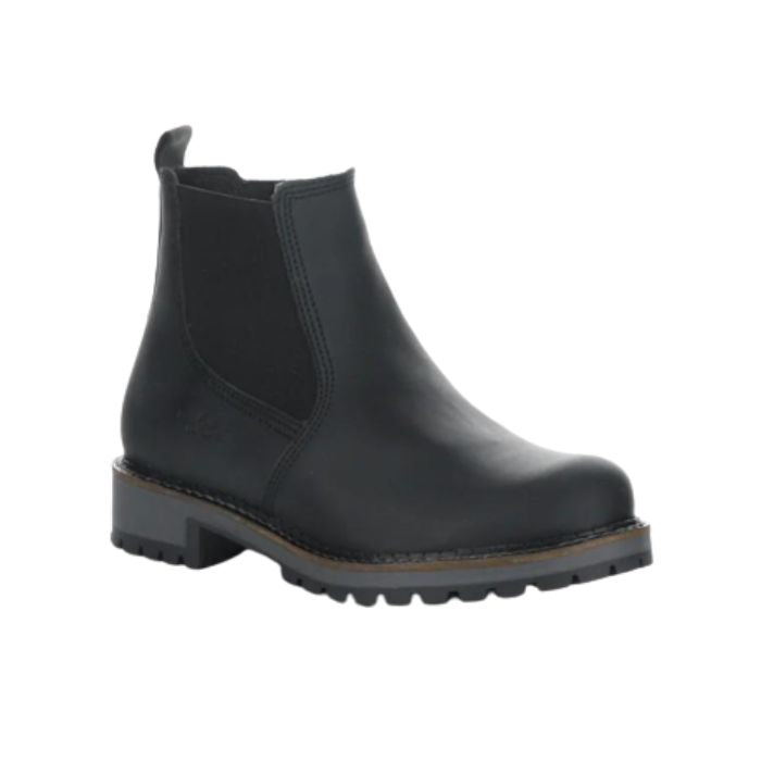 Black Bos&Co Corra Chelsea winter boot for women with waterproof leather, elastic side panels, and lug sole for fall and winter conditions.