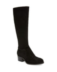 Tall black suede boot with brown stacked heel.
