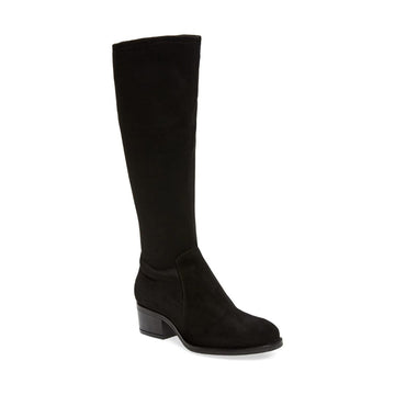 Tall black suede boot with brown stacked heel.