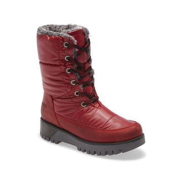 Red mid-height lace up boot with brown outsole and grey faux fur lining.