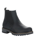 Black leather Chelsea boot with black elastic goring and black outsole.